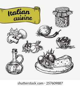 Hand-drawn vector illustrations. Set of national Italian food