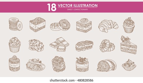 HAND-DRAWN vector illustrations set - Sweet food cakes