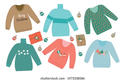 Handdrawn vector illustrations of warm winter and autumn woolen sweaters in pastel scandinavian style colors. Trendy flat design elements of winter clothes. Christmas holidays mood.