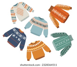 Handdrawn vector illustrations of warm winter and autumn woolen sweaters . Trendy flat design elements of winter clothes. Vector illustration