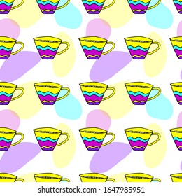 Hand-drawn vector illustration.Seamless bright pattern of Doodle cups. Funny, crooked, childish. For kitchen decor, cafes, textiles.