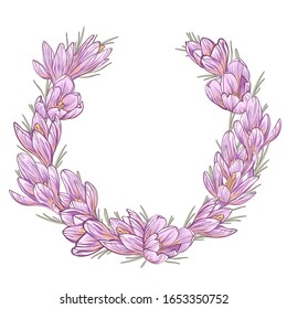 Hand-drawn vector image of crocus flowers. Spring flowers are a primrose.
Wreath of flowers. Postcard. Holiday invitation with your text in the center of the wreath.