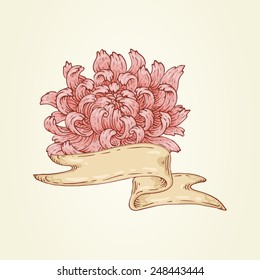 The hand-drawn vector image with ribbon and pink chrysanthemum. 