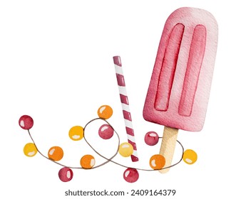 Hand-Drawn Vector Image Of A Summer-Themed Watercolor Illustration Featuring Pink Ice Cream On A Stick Decorated With Garland Clipart On A White Background