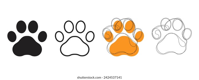 Hand-drawn vector images of dog paws and simple black paw icons. Set of paw icons.