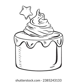 Hand-drawn vector. Ink. Delicate glazed cake crowned with sweet cream swirls. Delectable pastry with a star-shaped topping. Perfect for festive vibes, birthdays, anniversaries, weddings
