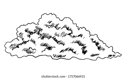 Hand-drawn vector ink drawing in engraving style. Thundercloud, cumulus cloud, storm, windy weather, rainy season. Climate, air, nature.