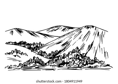 Handgezeichnete Vektorfarbzeichnung. Natur, Berglandschaft, Bäume, Büsche. Für Postkartendrucke, Tourismus, Reisen.
