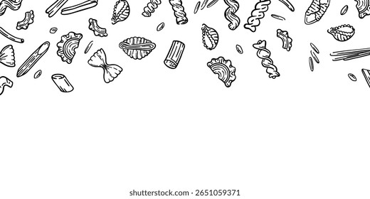 Ilustração de tinta vetorial desenhada à mão de tipos de massas italianas: cotovelos, penne, rigatoni, cavatappi, espirais. Banner perfeito para menus de restaurantes, lojas de alimentos, embalagens, panfletos e impressões.
