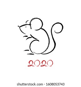 Handdrawn vector ink Rat or mouse . Brush drawn cartoon mice. Ink brush calligraphy. Year of the rat on the Chinese calendar. Lunar horoscope
