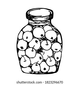 Esbozo de tinta vector dibujado a mano. Frasco cerrado de vidrio con verduras, frutas. Producto en lata. Para impresiones, etiquetas, diseño de cocina, embalaje. Preparaciones otoñales, almacenamiento.