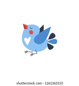 Handdrawn vector kid illustration of blue flying bird isolated on a white background with white heart . Valentine day card 2019