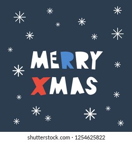 Handdrawn vector kid illustration on a dark grey background with snowflakes. Chistmas card with words "merry  x-mas". 2019 new year