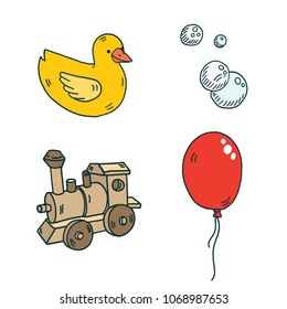 Hand-drawn vector kids toys icons set, bath yellow duck, wooden train, red balloon and soap bubbles.
