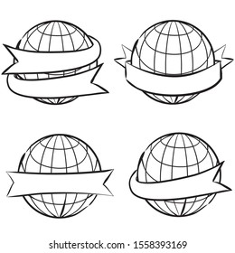 Hand-drawn vector labels with globe. Earth wrapped in tape. Ribbons for text. Vector illustration for global design.