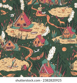 Hand-drawn vector lake cabin seamless pattern, Rustic forest house texture