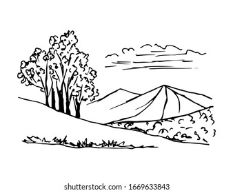 Hand-drawn vector landscape in black outline. Trees, mountains, hills, grass, clouds. Wildlife, tourism, nature, rural view.