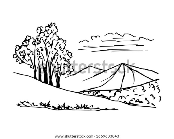 Handdrawn Vector Landscape Black Outline Trees Stock Vector (Royalty ...