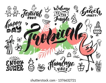 Hand-drawn vector lettering and icon for party. Handwritten lettering and calligraphy for poster, background, postcard, banner, window. 

