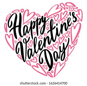 Handdrawn vector lettering with valentine's day phrase isolated on white background. Calligraphic typography in shape of heart. Creative design for greeting card, web banner, poster or print. 