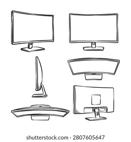 Hand-drawn vector line art illustration set of curved computer monitors from multiple angles including front, back, side, top, bottom, and perspective views. This monochrome technical sketch graphic is ideal for hardware user manuals, gaming desk setup infographics, and tech layout designs.