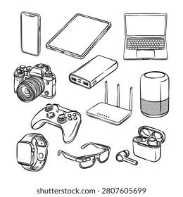 Hand-drawn vector line art illustration collection of modern smart tech gadgets and consumer electronics. This clean monochrome technical sketch icon set features a smartphone, tablet, laptop, camera, power bank, gamepad, router, smart speaker, smartwatch, smart glasses, and TWS earbuds.