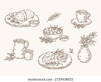 Escenas de arte de línea de Vector dibujadas a mano de vajilla de cerámica y comida simple. Contornos mínimos, caprichosamente imperfectos con pan, aceitunas, jarrón, jarra con vidrio, queso y limón. Ideal para patrones, textiles y diseños de cocina