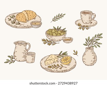Escenas de arte de línea de Vector dibujadas a mano de vajilla de cerámica y comida simple en colores pastel suaves. Minimal, contornos caprichosos con pan, aceitunas, jarrón, jarra con vidrio, queso y limón. Ideal para patrones, textiles y diseños de cocina