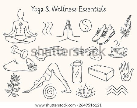 Hand-drawn vector line art set of energy and balance symbols. Includes yin-yang, meditating silhouette, hand, spiral, waves, sun, moon, eye, and namaste