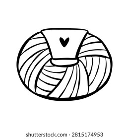 Hand-drawn vector line illustration of Chrochet Wool Yarn isolated on a white background. Minimalist clip art of knitwork element for logo, poster, sticker, or print design.
