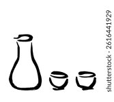 Hand-drawn vector line illustration of a sake bottle and a boar