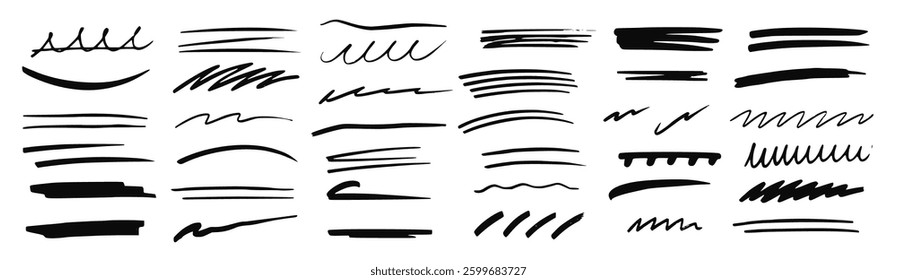 hand-drawn vector line set featuring doodle strokes, scribbles, zigzags, and abstract curves. Perfect for borders, dividers, grunge designs, graphic elements, and artistic decorations. Isolated PNG