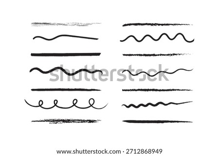 hand-drawn vector line set featuring doodle strokes, scribbles, zigzags, and abstract curves. Perfect for borders, dividers, grunge designs, graphic elements, and artistic decorations. Isolated PNG
