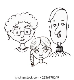 Hand-drawn Vector Linear Black and White Family Portraits - Mom, Dad and Daughter