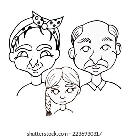 Hand-drawn Vector Linear Family Portraits - Grandmother, Grandfather and Granddaughter