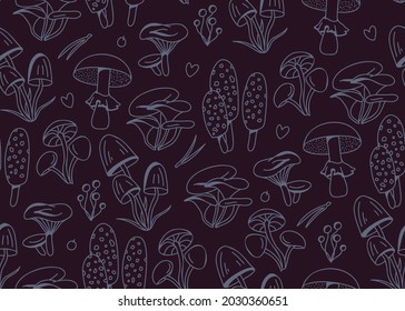 Hand-drawn vector lineart seamless doodle-style pattern with mushrooms on a dark background. Illustration in retro and cottage-core style with plants of the autumn forest.