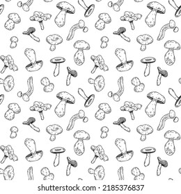 Hand-drawn vector lineart seamless doodle-style pattern with mushrooms on a white background.