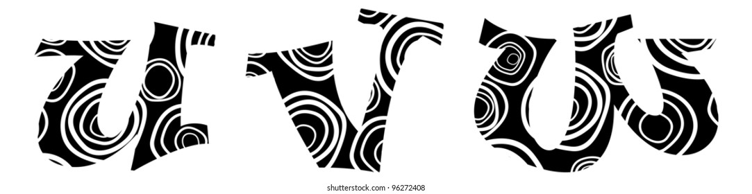Hand-drawn vector lliteras "u", "v","w"  -alphabet