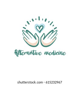 Hand-drawn vector logo for alternative medicine center. Concept template color logotype with heart and hand isolated on white background. 