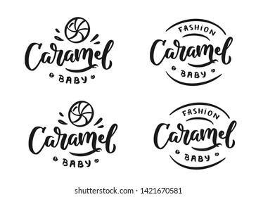 Hand-drawn vector logo "Caramel" for shop, store, market with children dress. Lettering and calligraphy for poster, background, postcard, banner, window. Print on cup, bag, shirt, package, balloon

