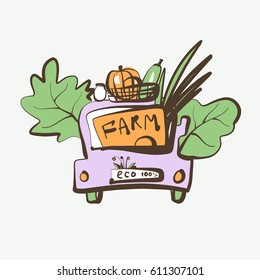 Hand-drawn vector logo for family farm fresh vegetable and fruit delivery. Concept template logotype for small home eco 100% business. 