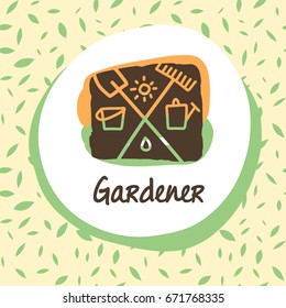 Hand-drawn vector logo for home rural business. Concept template image with sketch image of sun, water drop and garden accessories.