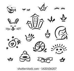 Hand-drawn vector logo icons for shop, store, market with children dress. Lettering and calligraphy for poster, background, postcard, banner, window. Print on cup, bag, shirt, package, balloon