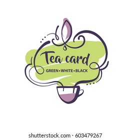 Hand-drawn vector logo isolated on light background for tea card in menu cafe, bar, restaurant. 