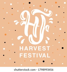 Handdrawn vector logo template Harvest Festival with white lettering on color background for event, festival, party, picnic, invitation, celebration, advertising, info message, poster, website, banner
