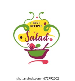 Hand-drawn vector logo with text Best recipe Salad. Sketch image of fresh food, organic vegetable on plate. Concept template logo isolated on white background.