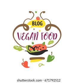 Hand-drawn vector logo with text Vegan food. Sketch image of fresh food, organic vegetable. Concept template logo isolated on white background.