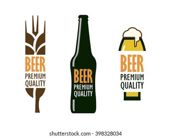 hand-drawn vector logos of beer with wheat ears, a bottle and a glass with foam