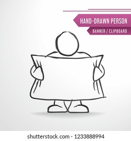 Hand-drawn vector man, sketch person with clipboard