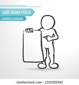 Hand-drawn vector man, sketch person with clean banner/clipboard. Ready for your text